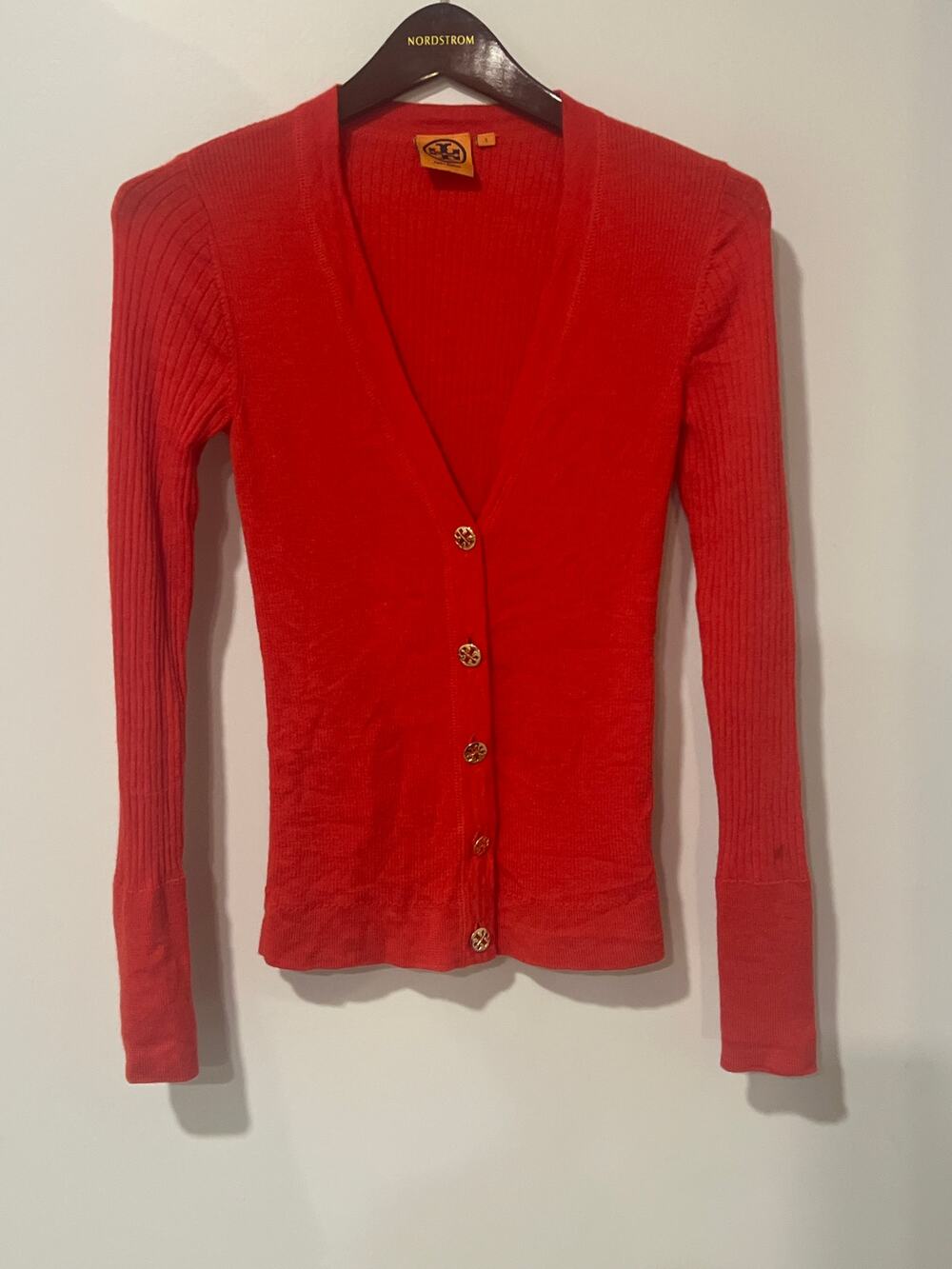Tory Burch Women's Red Merino Wool Cardigan Sweater Size Small S KB432